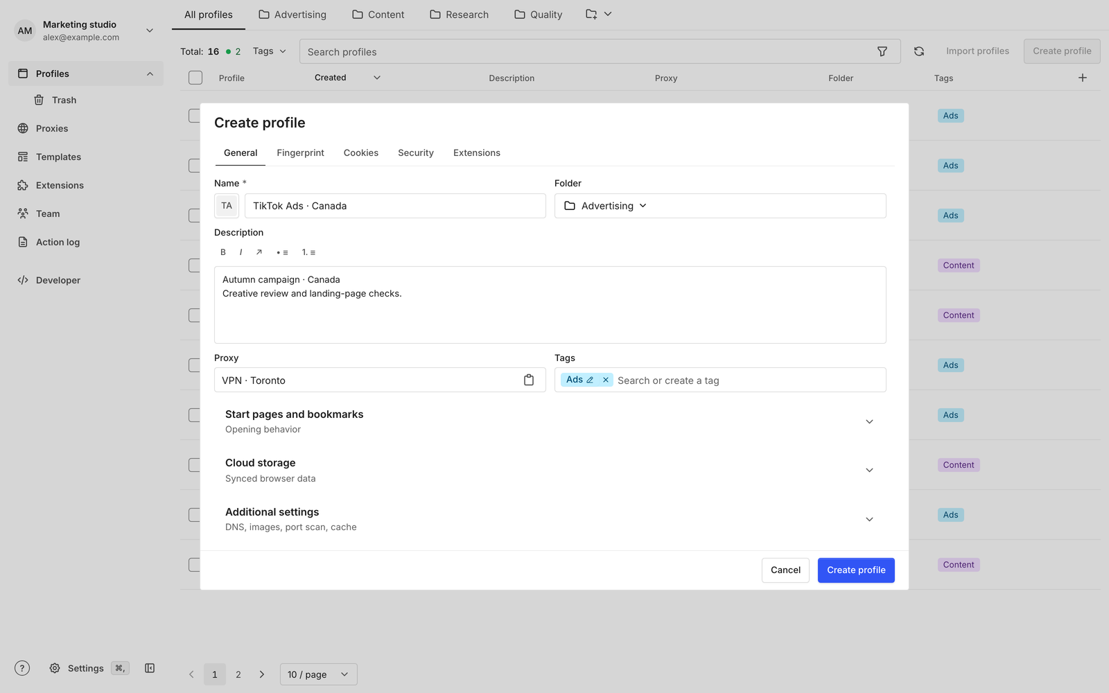 The Isoline app showing the Create profile dialog with a sample profile
